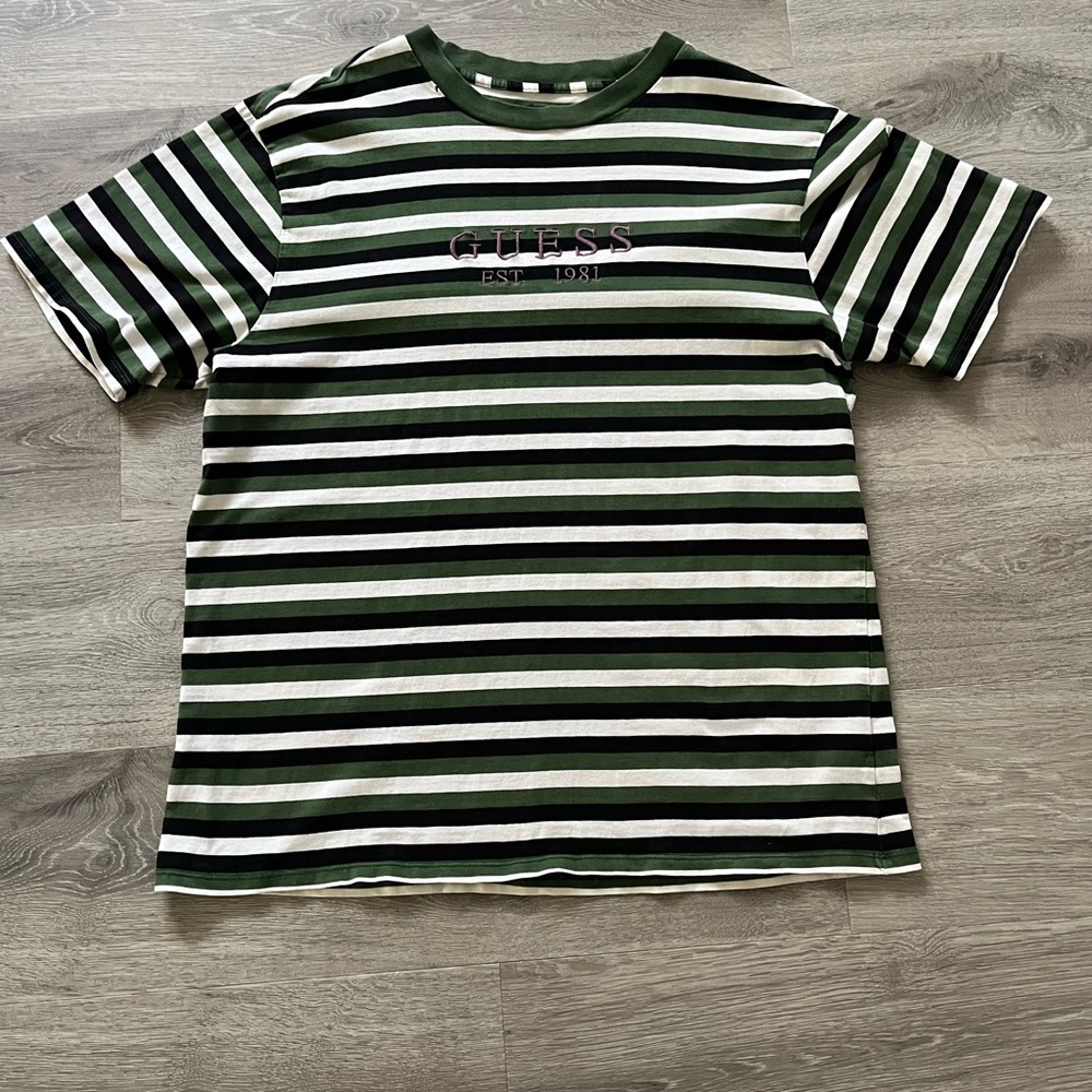 GUESS Green and Black Striped Tee